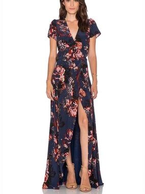 Helena Quinn Claire Wrap Maxi Dress XS Navy Rose Floral Boho Silk Cocktail Gown